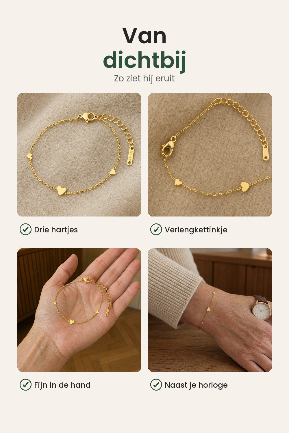 Armband met drie gouden hartjes – van dichtbij: drie hartjes, verlengkettinkje, fijn in de hand