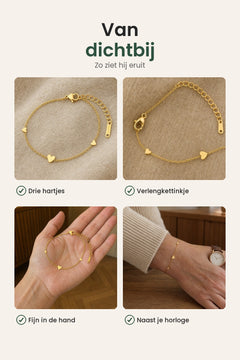 [nl] Armband met drie gouden hartjes – van dichtbij: drie hartjes, verlengkettinkje, fijn in de hand
