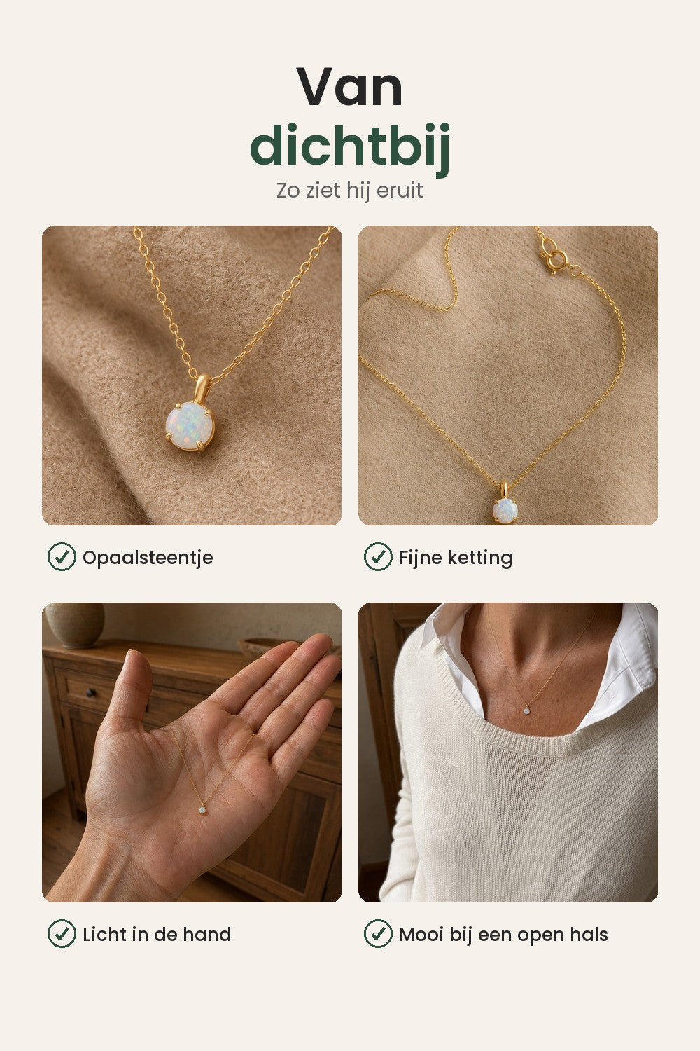 Korte ketting met opaalsteentje – van dichtbij: opaalsteentje, fijne ketting, licht in de hand