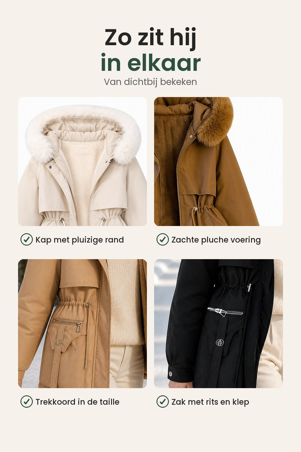[nl] Gewatteerde winterparka met kap – zo zit hij in elkaar: kap met pluizige rand, pluche voering, trekkoord in de taille, zak met rits en klep