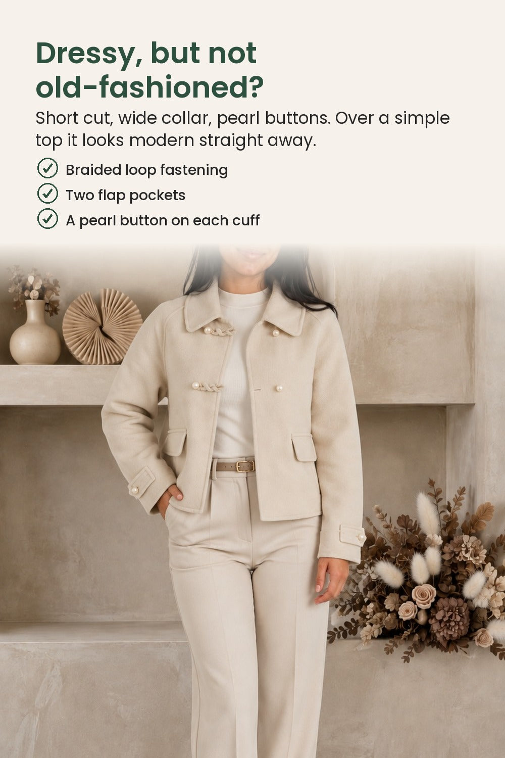 Short cardigan with pearl buttons and wide collar – dressy, but not old-fashioned? Short cut, wide collar, pearl buttons