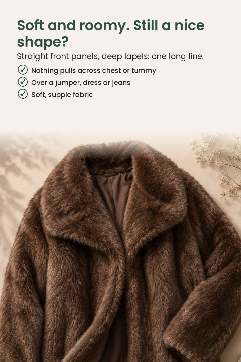 Open coat with lapel collar – soft and roomy. Still a nice shape? Straight front panels, deep lapels: one long line