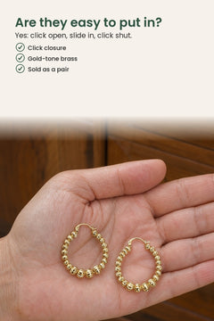 [en] Gold Beaded Hoop Earrings – are they easy to put in? Yes: click open, slide in, click shut