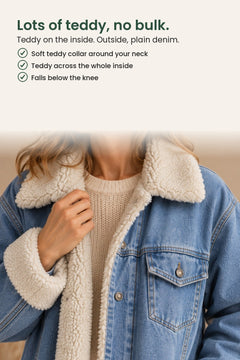 [en] Long denim coat with teddy collar – lots of teddy, no bulk. Teddy on the inside