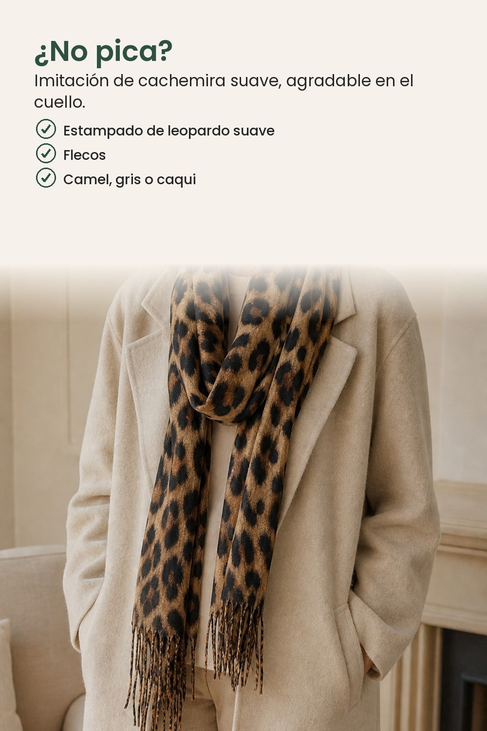 Bufanda con estampado de leopardo – ¿No pica? Imitación de cachemira suave, agradable en el cuello