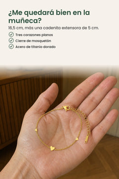 [es] Pulsera con tres corazones dorados – ¿Me quedará bien en la muñeca? 16,5 cm, más una cadenita extensora de 5 cm