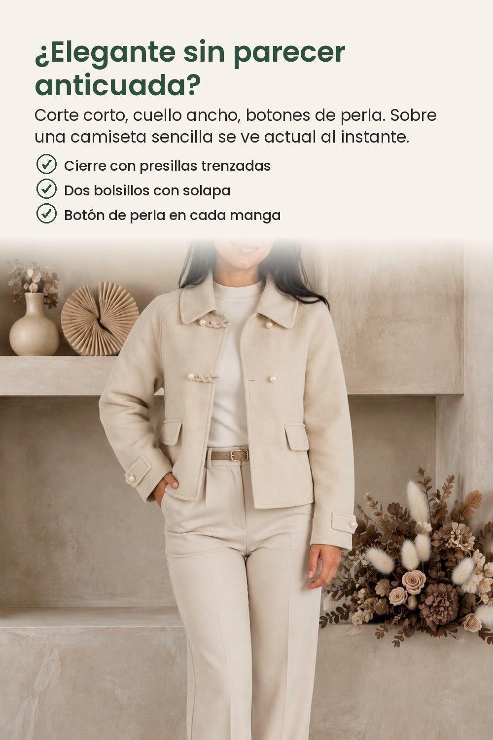 Chaqueta corta con botones de perla y cuello ancho – ¿Elegante sin parecer anticuada? Corte corto, cuello ancho, botones de perla
