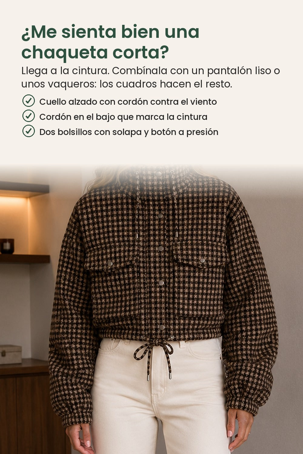 Chaqueta corta de cuadros con cuello alzado – ¿Me sienta bien una chaqueta corta? Llega a la cintura