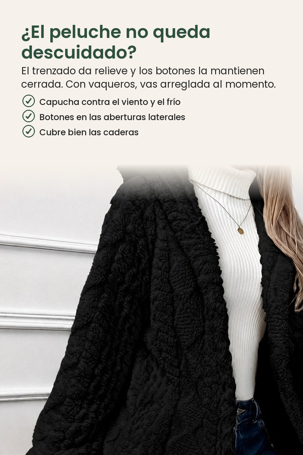 Chaqueta de peluche con capucha y trenzado – ¿El peluche no queda descuidado? El trenzado da relieve