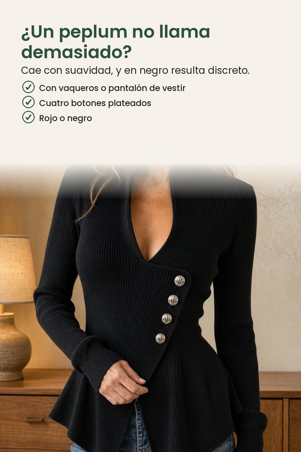 Top elegante acanalado con peplum asimétrico – ¿un peplum llama demasiado? Cae con suavidad