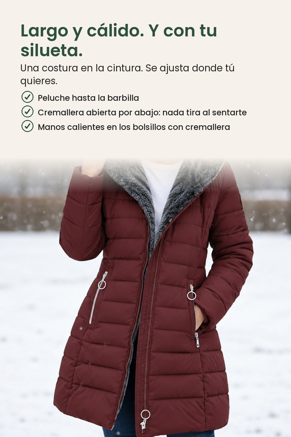 Abrigo de invierno largo acolchado con capucha de peluche – largo y cálido. Y con tu silueta. Una costura en la cintura