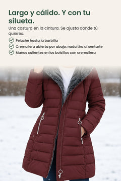 [es] Abrigo de invierno largo acolchado con capucha de peluche – largo y cálido. Y con tu silueta. Una costura en la cintura