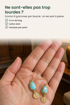 [fr] Boucles d’oreilles goutte turquoise et disque doré – ne sont-elles pas trop lourdes ? Environ 6 grammes par boucle : on les sent à peine