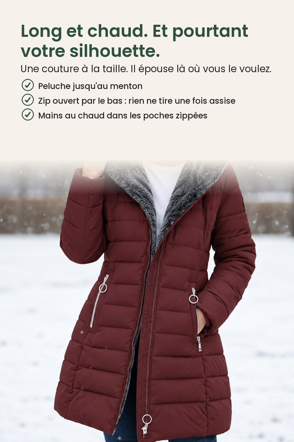 Long manteau d’hiver matelassé avec capuche en peluche – long et chaud. Et pourtant votre silhouette. Une couture à la taille