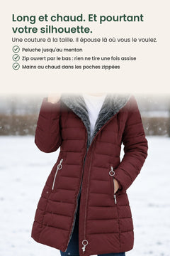 [fr] Long manteau d’hiver matelassé avec capuche en peluche – long et chaud. Et pourtant votre silhouette. Une couture à la taille