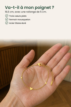 [fr] Bracelet aux trois cœurs dorés – va-t-il à mon poignet ? 16,5 cm, avec une rallonge de 5 cm