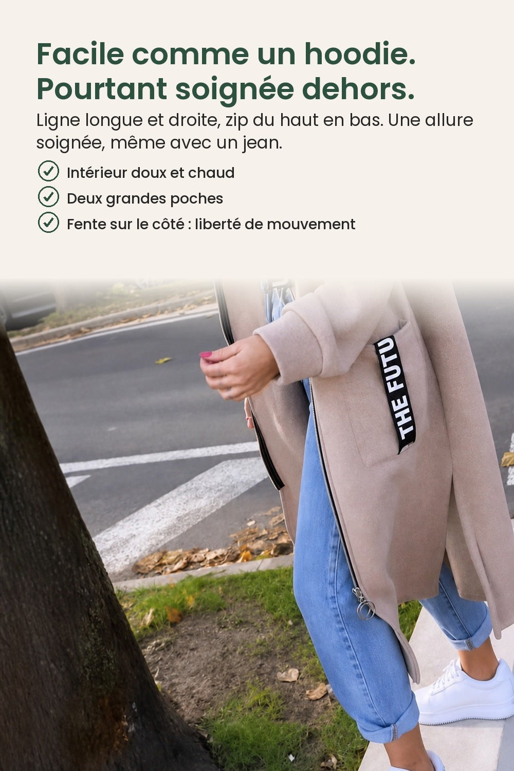 Long gilet avec capuche – facile comme un hoodie. Pourtant soignée dehors. Ligne longue et droite, zip du haut en bas