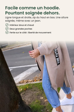 [fr] Long gilet avec capuche – facile comme un hoodie. Pourtant soignée dehors. Ligne longue et droite, zip du haut en bas