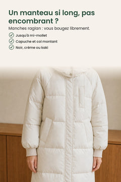 [fr] Manteau d’hiver long matelassé à capuche – un manteau si long, pas encombrant ? Manches raglan : vous bougez librement