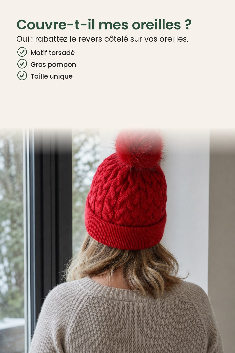 Bonnet en maille à pompon – couvre-t-il mes oreilles ? Oui : rabattez le revers côtelé sur vos oreilles