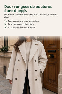 [fr] Manteau classique avec col à revers et double boutonnage – deux rangées de boutons. Sans élargir. Les revers dessinent un long V