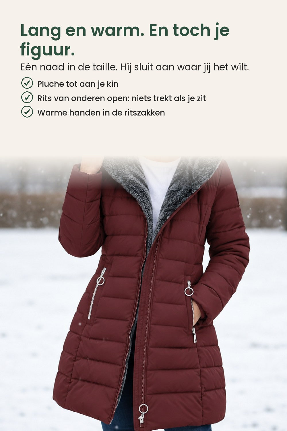 [nl] Lange gewatteerde winterjas – lang en warm, en toch je figuur: één naad in de taille
