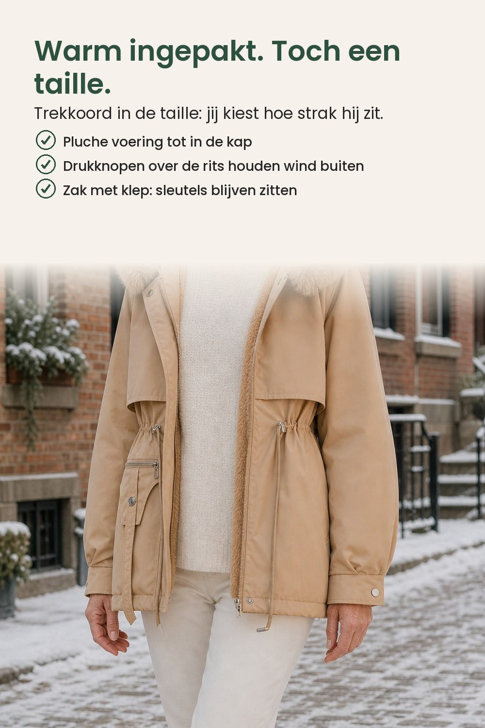 [nl] Gewatteerde winterparka met kap – warm ingepakt en toch een taille, dankzij het trekkoord