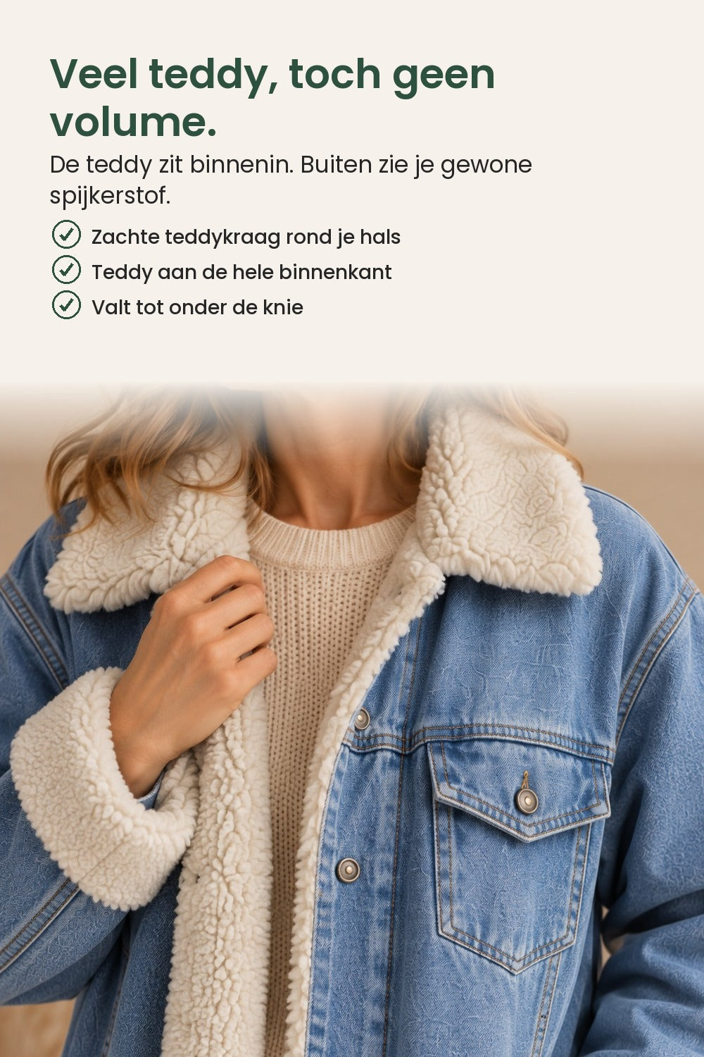 [nl] Lange spijkerjas met teddykraag – veel teddy, toch geen volume: de teddy zit binnenin