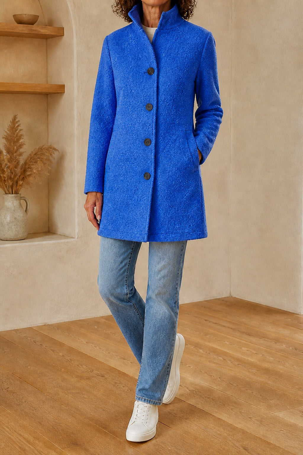 halflange mantel met opstaande kraag in blauw, vooraanzicht
