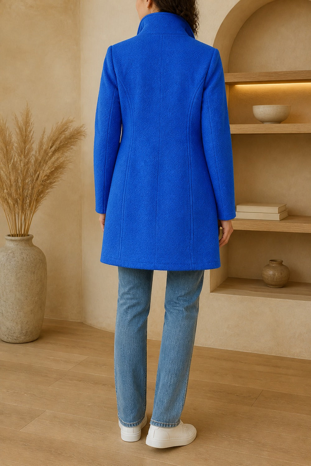 halflange mantel met opstaande kraag in blauw, achteraanzicht
