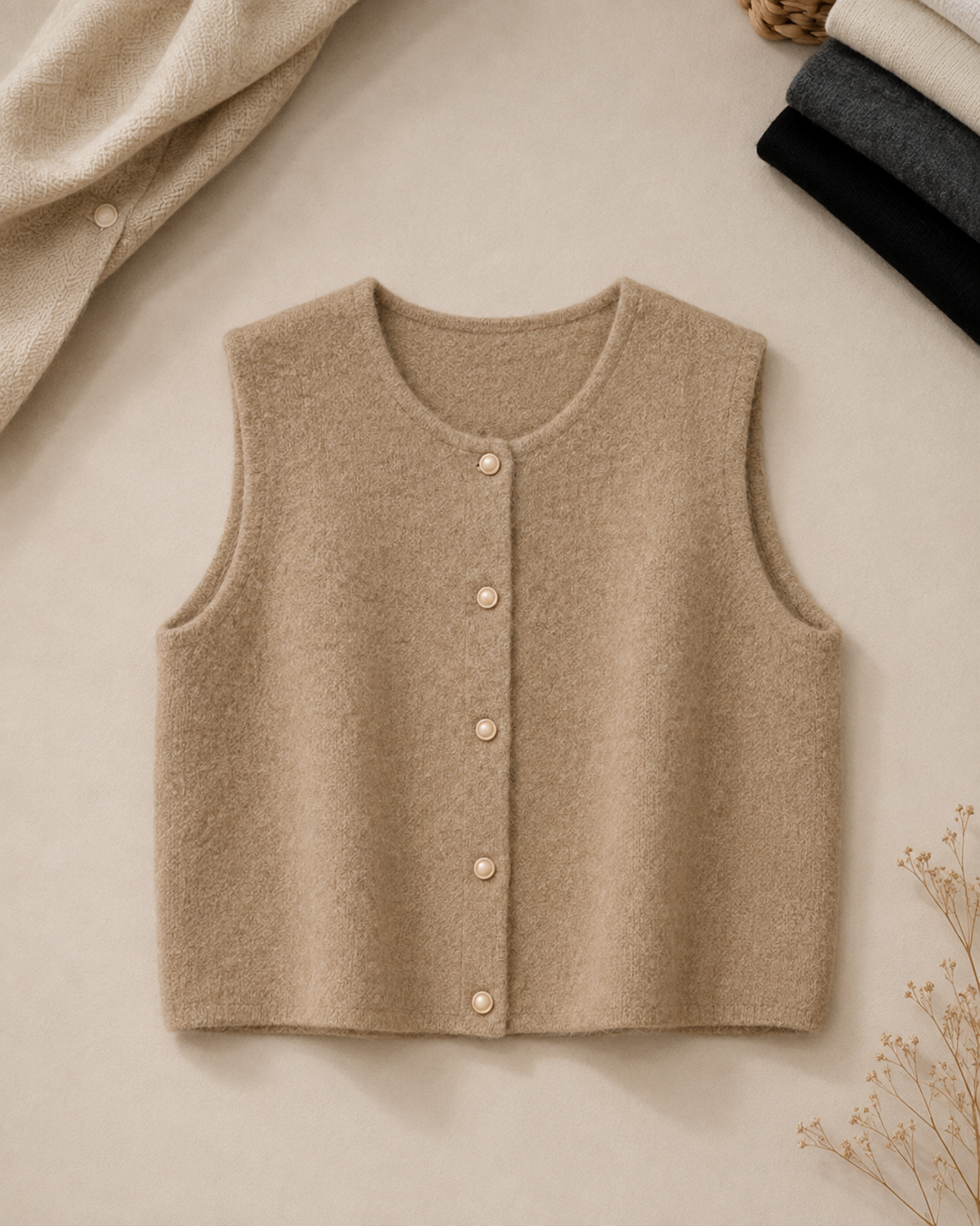 Vestje dames in het zachte kaki, gebreide polyester – Nora Janne