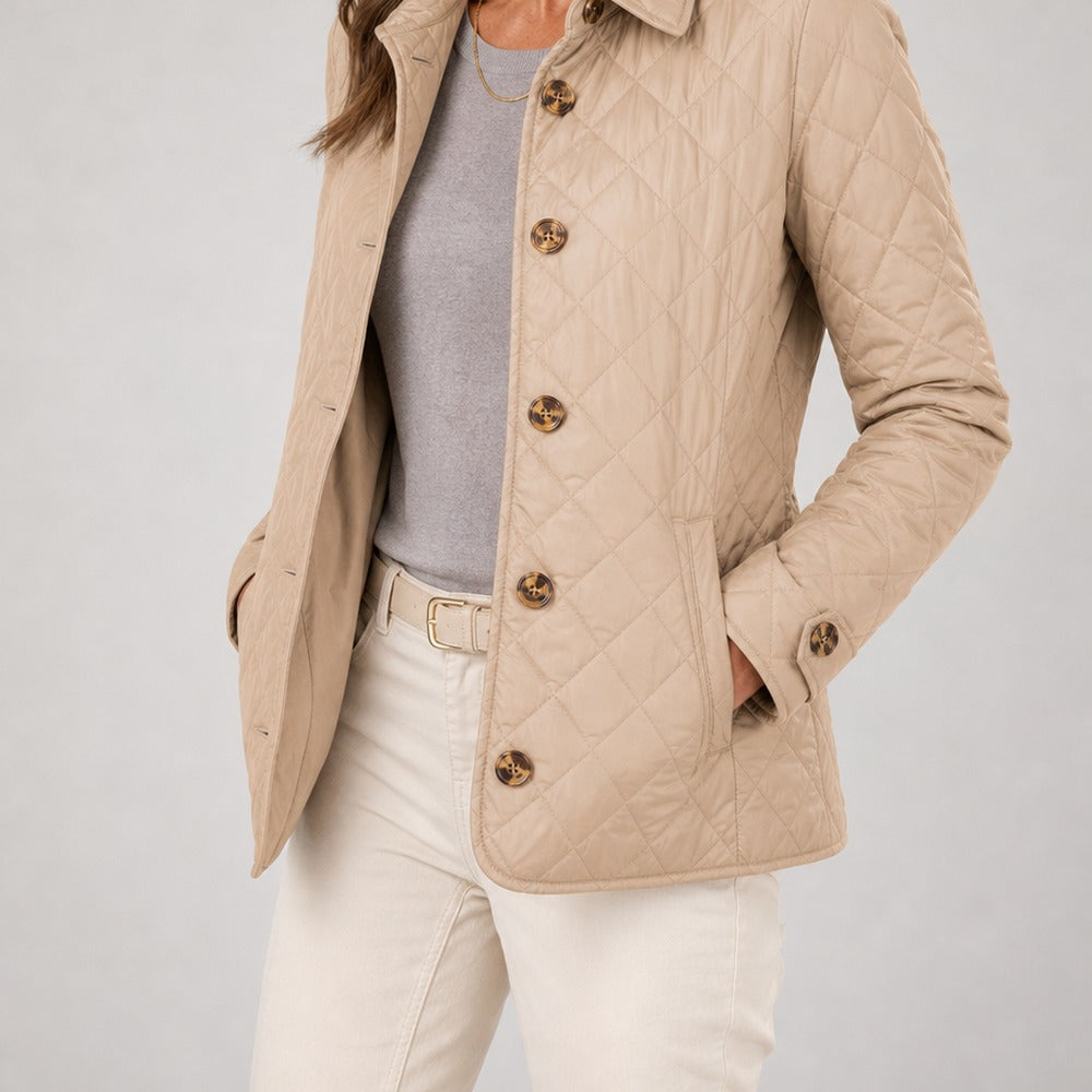 gewatteerd jasje in camel, gedragen, open