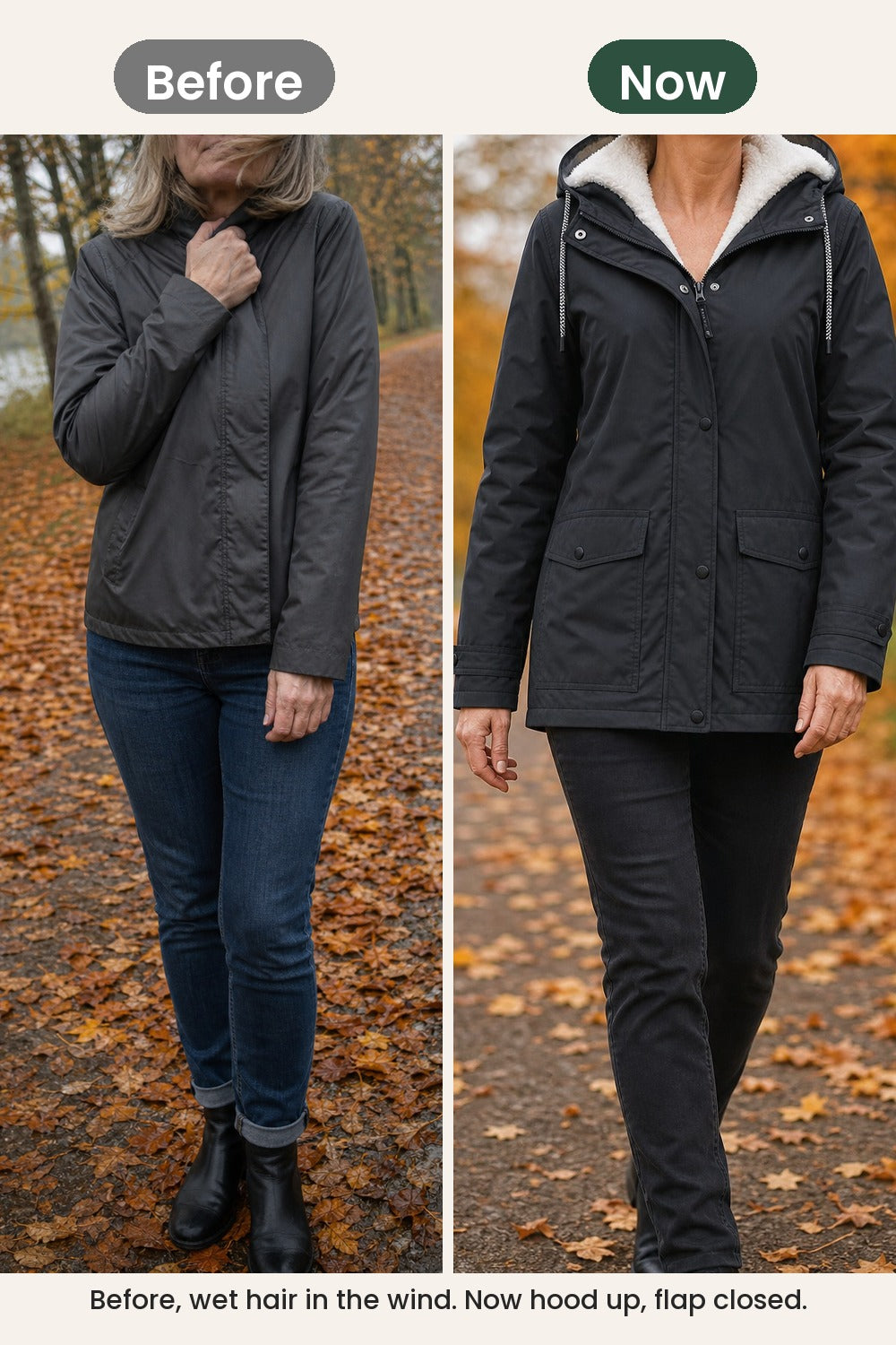 Winter coat with teddy-lined hood – before, wet hair in the wind. Now hood up, flap closed