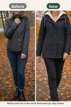 [en] Winter coat with teddy-lined hood – before, wet hair in the wind. Now hood up, flap closed