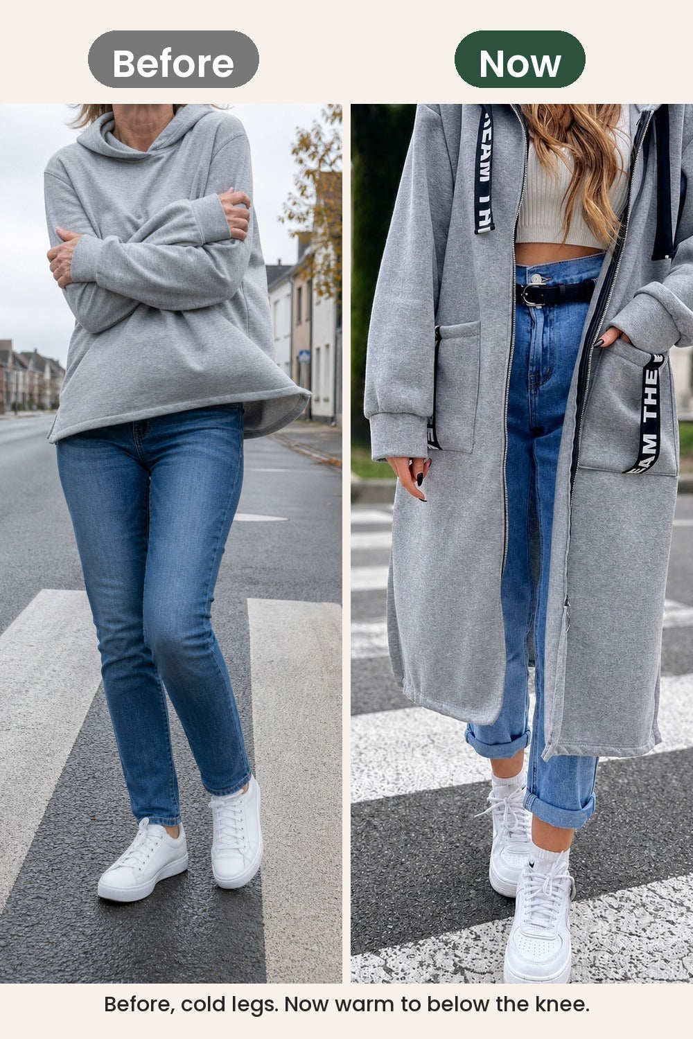Long cardigan with hood – before, cold legs. Now warm to below the knee