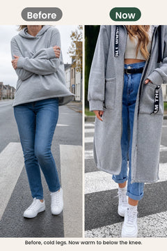 [en] Long cardigan with hood – before, cold legs. Now warm to below the knee