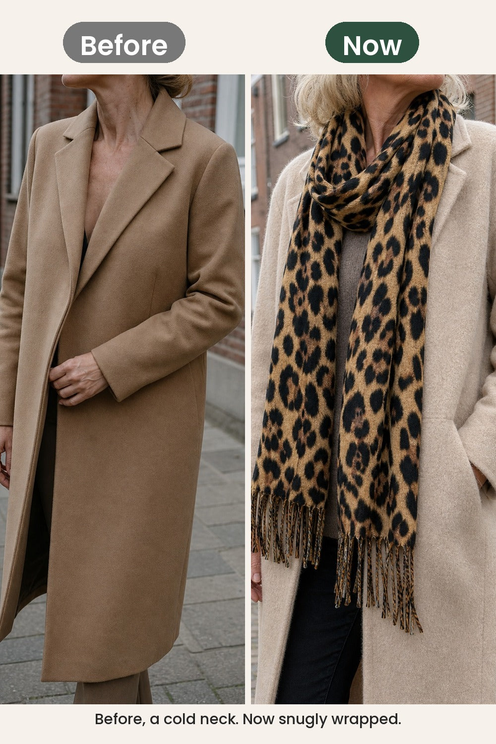 Leopard Print Scarf – before, a cold neck. Now snugly wrapped