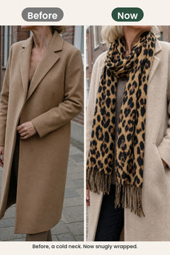 [en] Leopard Print Scarf – before, a cold neck. Now snugly wrapped
