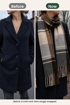 [en] Checked Fringed Scarf – before, a cold neck. Now snugly wrapped