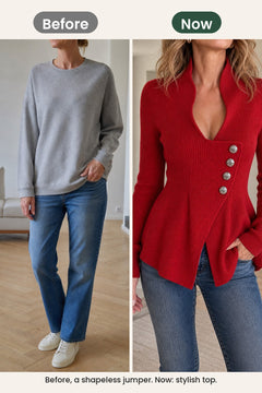 [en] Elegant Asymmetric Ribbed Peplum Top – before, a shapeless jumper; now, a top with style