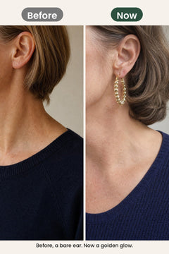 [en] Gold Beaded Hoop Earrings – before, a bare ear. Now a golden glow