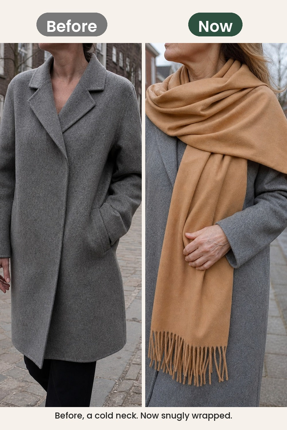 Soft Fringed Scarf – before, a cold neck. Now snugly wrapped