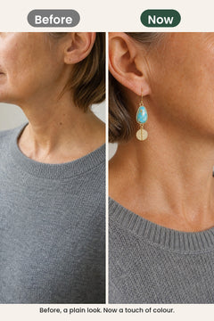 [en] Turquoise Drop Earrings with Gold-Tone Disc – before, a plain look. Now a touch of colour