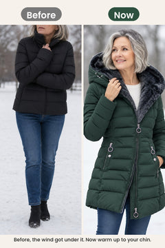 [en] Long padded winter coat with plush hood – before, the wind got under it. Now warm up to your chin