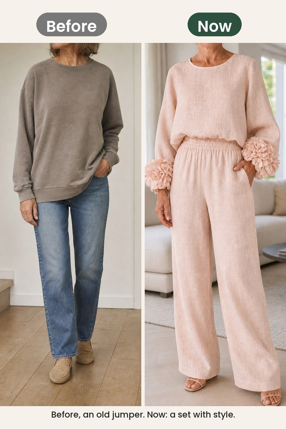 Two-Piece Set with Flower Cuffs – before, an old jumper; now, a set with style
