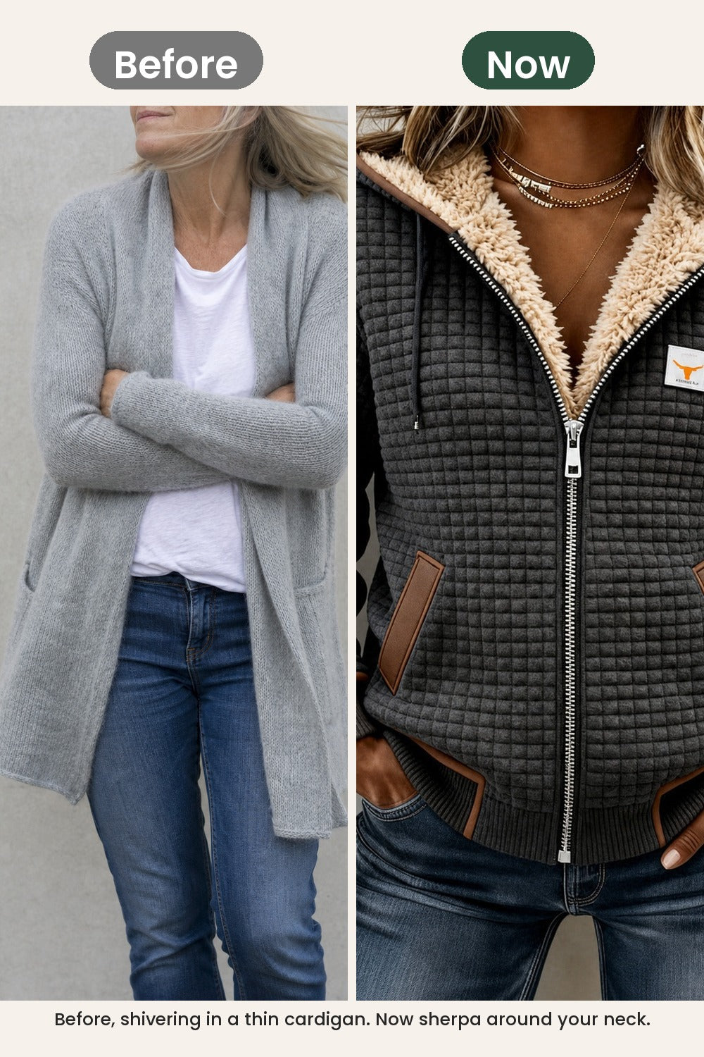 Padded jacket with hood and sherpa lining – before, shivering in a thin cardigan. Now sherpa around your neck