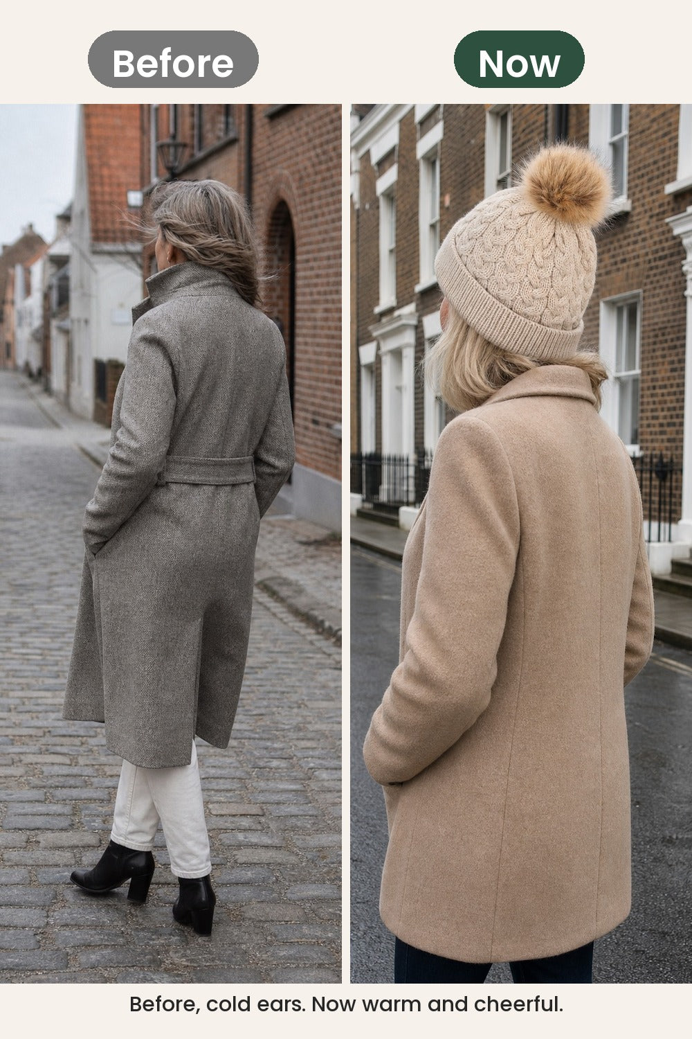 Knitted Pompom Hat – before, cold ears. Now warm and cheerful