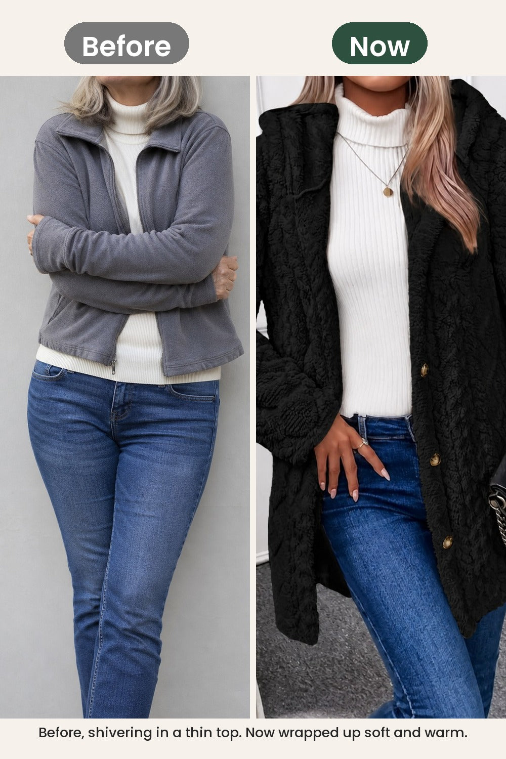 Plush hooded jacket with cable pattern – before, shivering in a thin top. Now wrapped up soft and warm