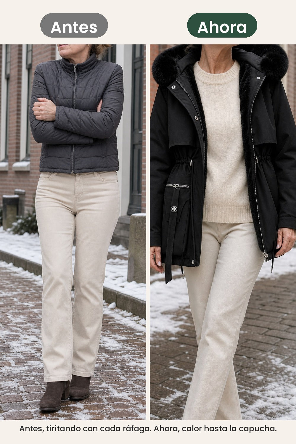 Parka de invierno acolchada con capucha – antes, tiritando con cada ráfaga. Ahora, calor hasta la capucha
