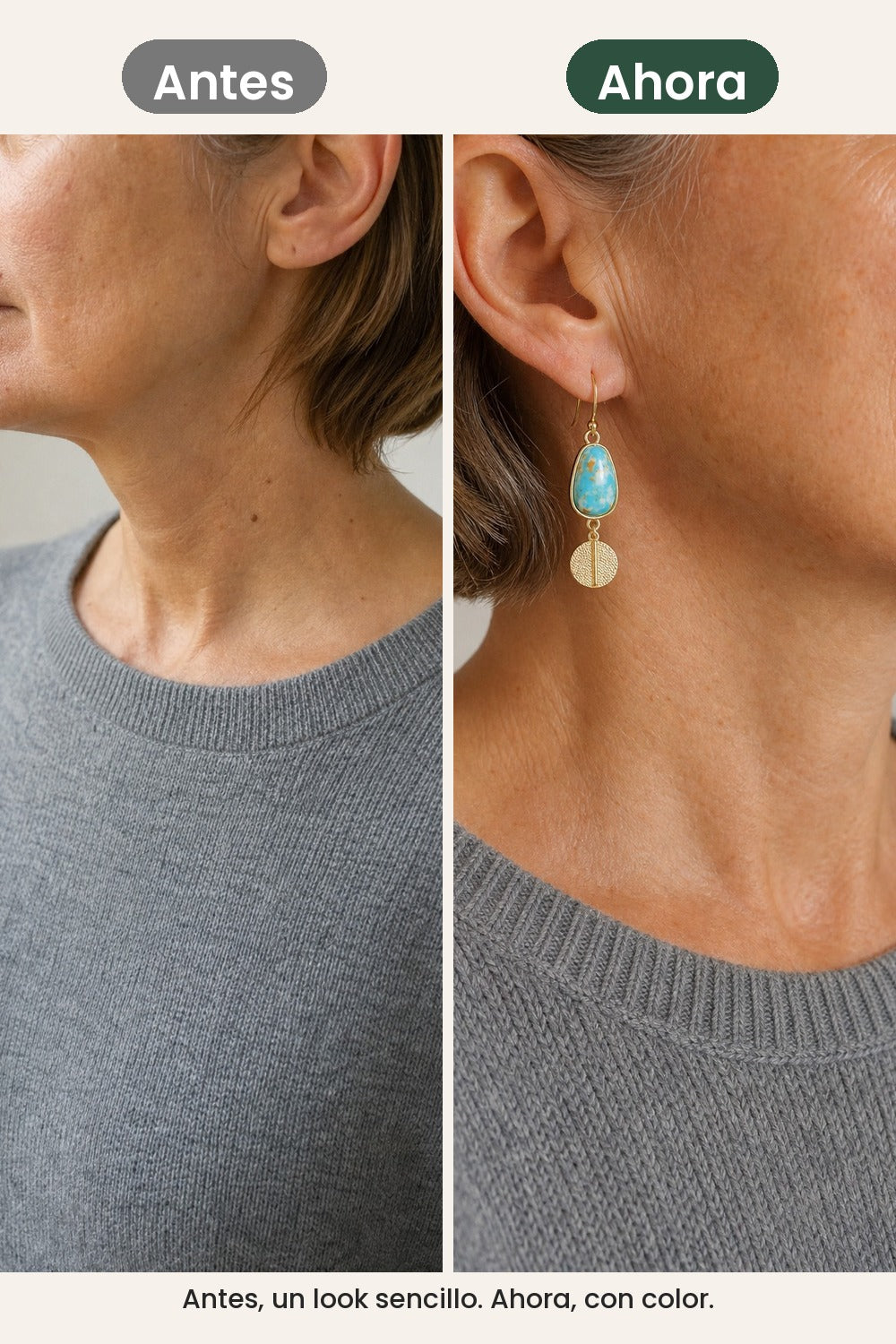 Pendientes con gota turquesa y disco dorado – antes, un look sencillo. Ahora, con color